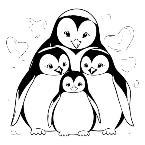 Penguin family. Black and white vector illustration for coloring