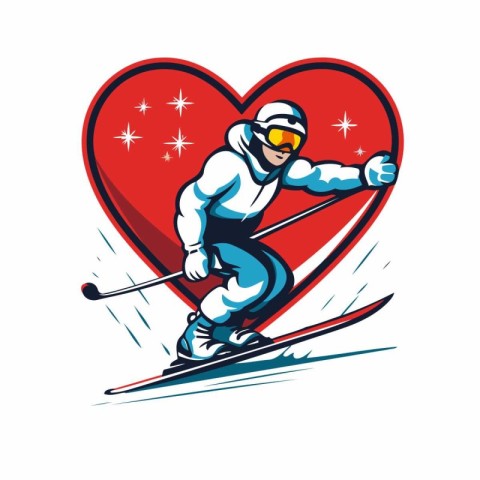 Skiing man with heart. Vector illustration on white background.