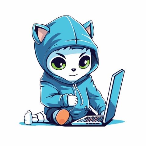 Cute cartoon cat sitting on the floor with a laptop. Vector illu