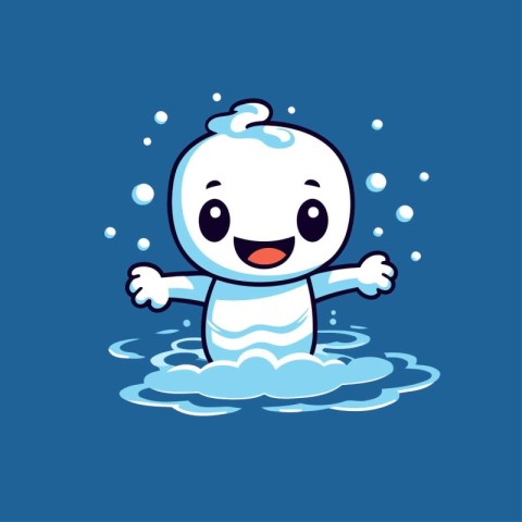 Cute cartoon polar bear in the water. Vector illustration on blu