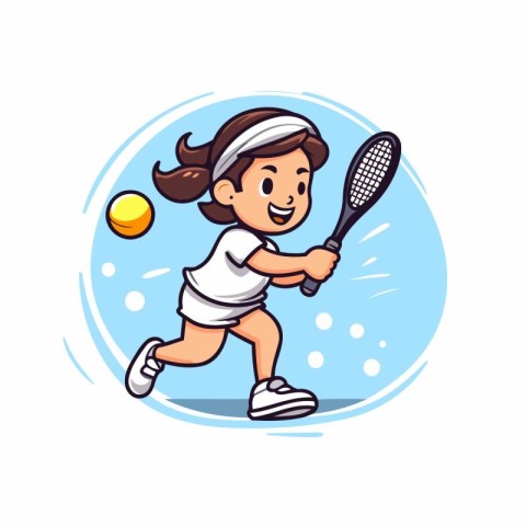 Cartoon girl playing tennis isolated on white background. Vector