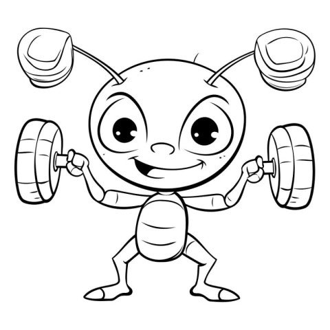 Black And White Cartoon Ant Character Exercising With A Barbell