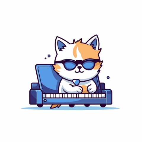 Cute cat playing the piano. Vector illustration on white backgro