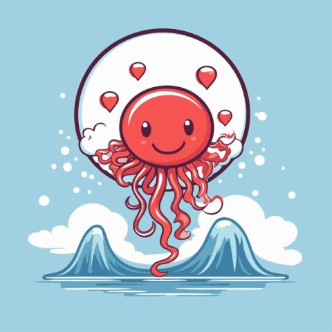 Cute jellyfish on the sea. Vector illustration in cartoon style