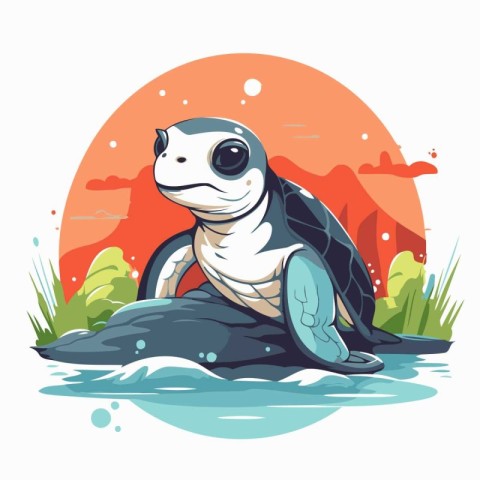 Cute cartoon turtle sitting on the rock in the river. Vector ill