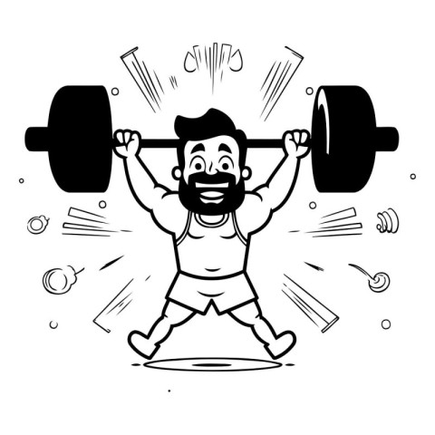 Fat man lifting barbell in the gym. Cartoon vector illustration.