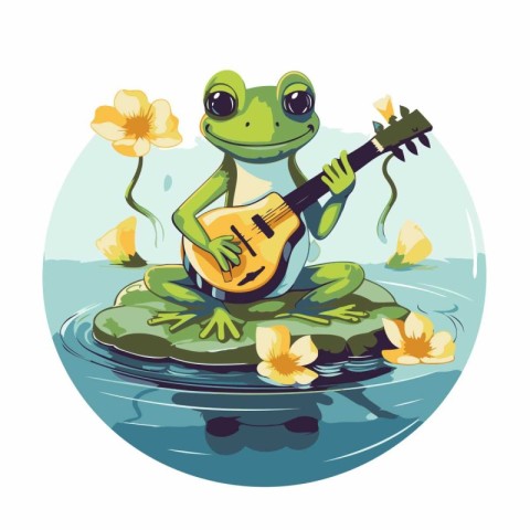 Frog playing the guitar on a pond with flowers. Vector illustrat