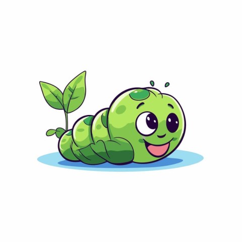 Cute cartoon caterpillar character with green leaves. Vector ill