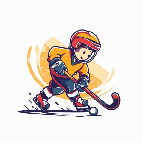 Hockey player with the stick and puck. vector cartoon illustrati