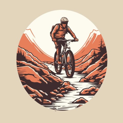 Mountain biker rides on the road along the river. Vector illustr