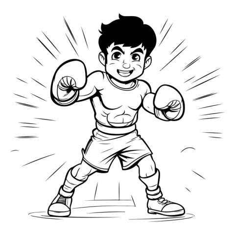 Vector illustration of a young boy boxing. Black and white carto