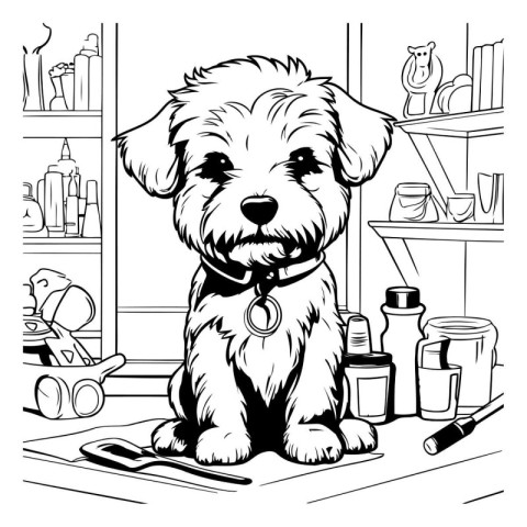 Cute dog in the grooming salon. Vector illustration in black and