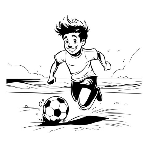 Soccer player kicking the ball. black and white vector illustrat