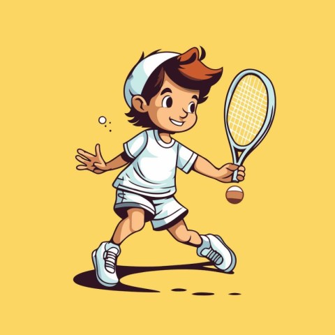 Cartoon boy playing tennis. Vector illustration on a yellow back