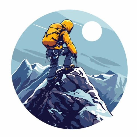 Vector illustration of a man climbing on a mountain peak with a