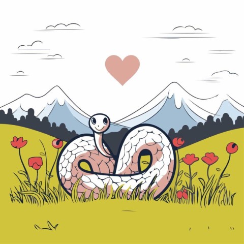 snake in the meadow with flowers and mountains. vector illustrat
