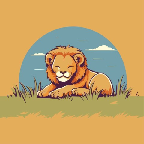 Lion lying on the grass. Vector illustration in flat style.