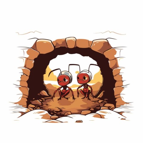 Ants at the entrance to the cave. Cartoon vector illustration.