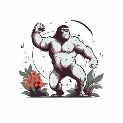 Vector illustration of a strong gorilla with flowers and leaves