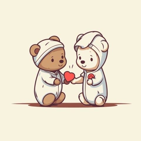 Cute teddy bear and teddy bear holding red heart. Vector illustr