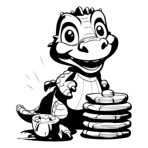 Cute crocodile and stack of coins. black and white vector illust