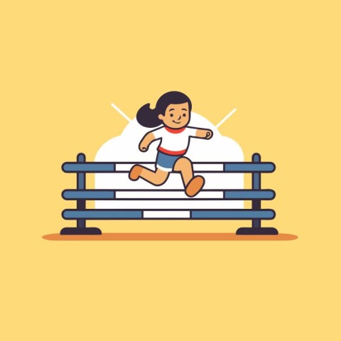 Happy little girl jumping on the bench. Flat style vector illust