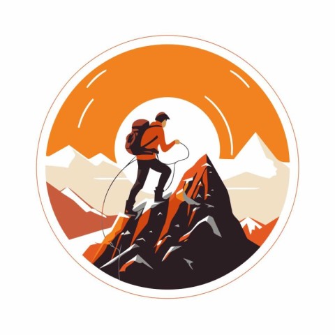 Hiker on the top of the mountain. Climbing concept. Vector illus