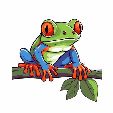 Red-eyed tree frog sitting on a branch. Vector illustration.