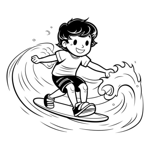 Boy surfing on a wave. Black and white vector illustration for c