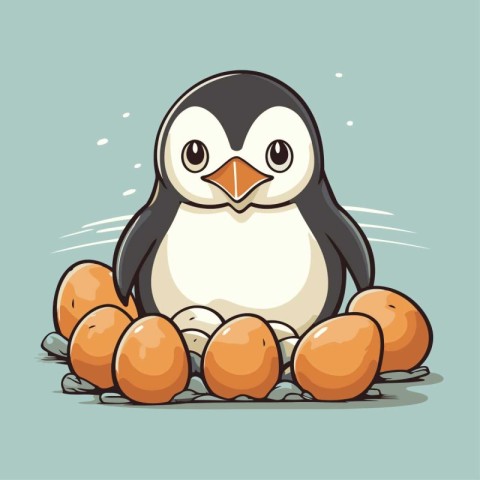 Cute penguin with eggs. Vector illustration of cartoon penguin.