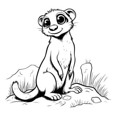 Meerkat sitting on the ground. Black and white vector illustrati