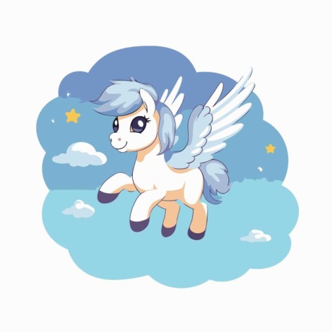 Cute cartoon pony with wings on the cloud. Vector illustration.