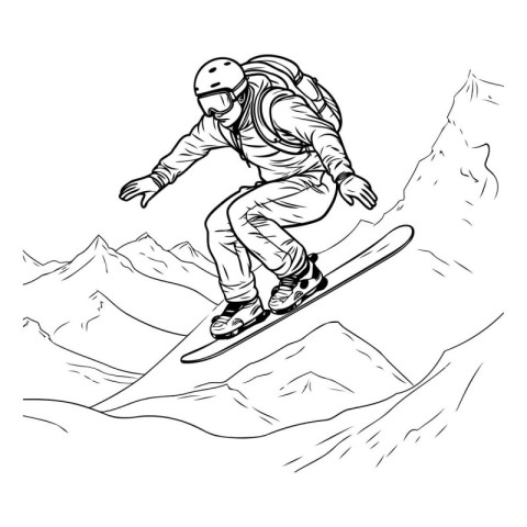 Snowboarder jumping on the mountains. Vector hand drawn illustra