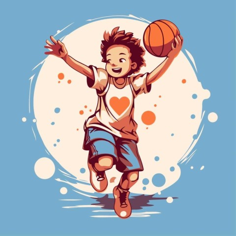 Cute little boy playing basketball. Vector illustration in carto