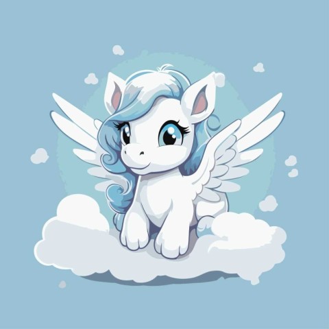 Cute cartoon white unicorn with wings on the cloud. Vector illus