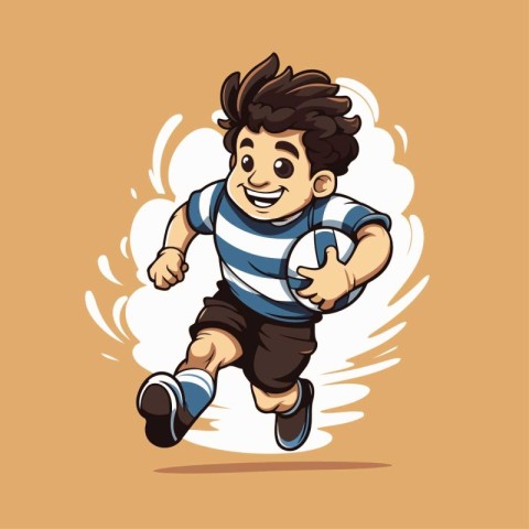 Vector illustration of a boy playing rugby with ball. Cartoon st