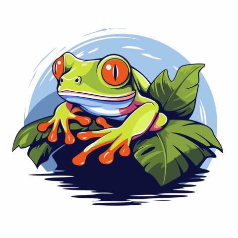 illustration of a green frog sitting on a leaf in the water