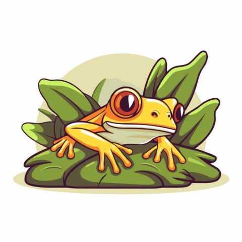 Frog cartoon character sitting on green leaves. Vector illustrat