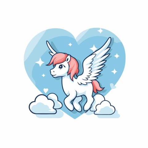 Unicorn with wings and clouds. Vector illustration in cartoon st