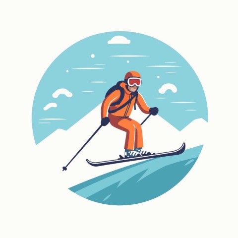 Skiing in the mountains. Vector illustration. Flat style.