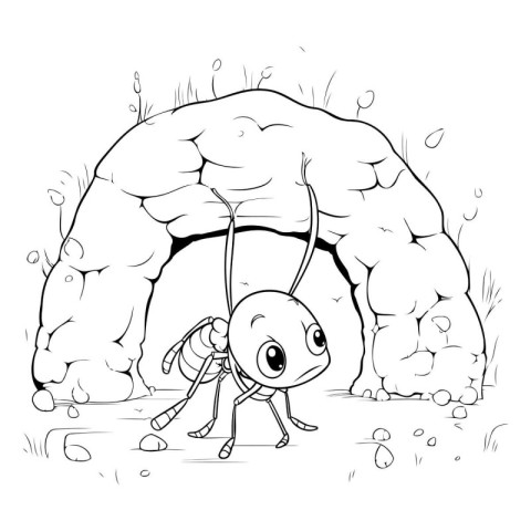 Ant in a cave. Black and white vector illustration for coloring