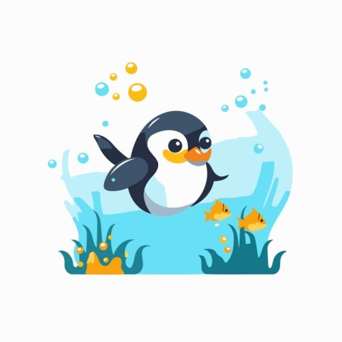 Cute cartoon penguin swimming in the sea. Vector illustration.