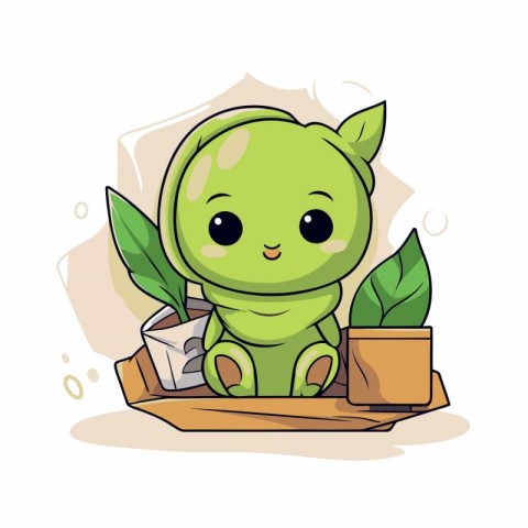 Cute cartoon frog sitting on a box with green leaves. Vector ill