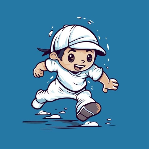 Vector illustration of a little boy in baseball cap running on b