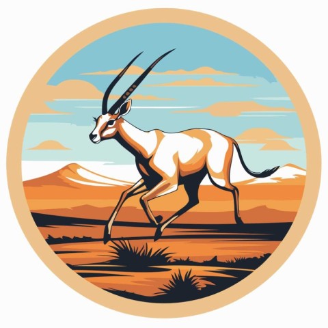 Gazelle in the desert on a round background. Vector illustration