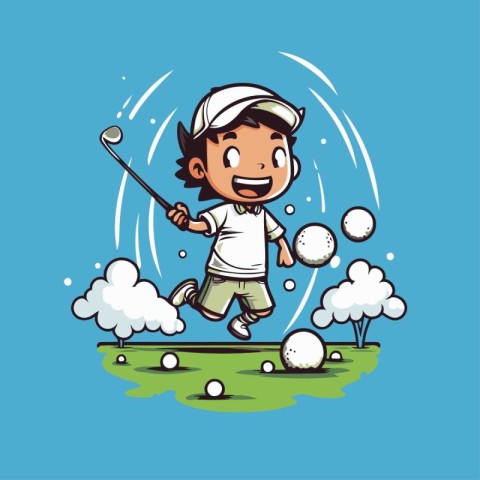 Illustration of boy playing golf on a golf course. Vector illust