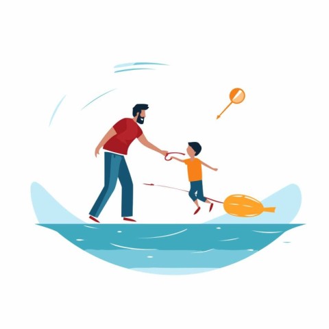 Father and son fishing together. Flat style vector illustration