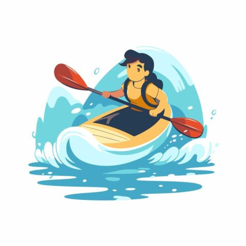 Young man in a kayak on the water. Vector illustration.