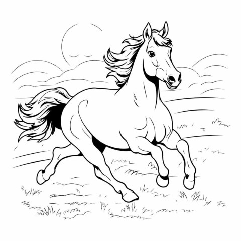 Black and white vector illustration of a horse running in the fi