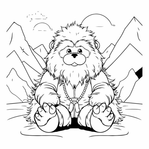 Cute cartoon lion in the mountains. Vector illustration for colo